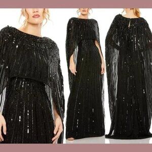 NWT Mac Duggal 93869 Black Embellished Beaded Column Cape Gown Size 12